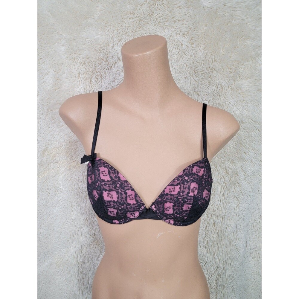 Vintage Victoria's Secret Bra Size 34B Demi Cup Wired Padded Black Lace Pink I